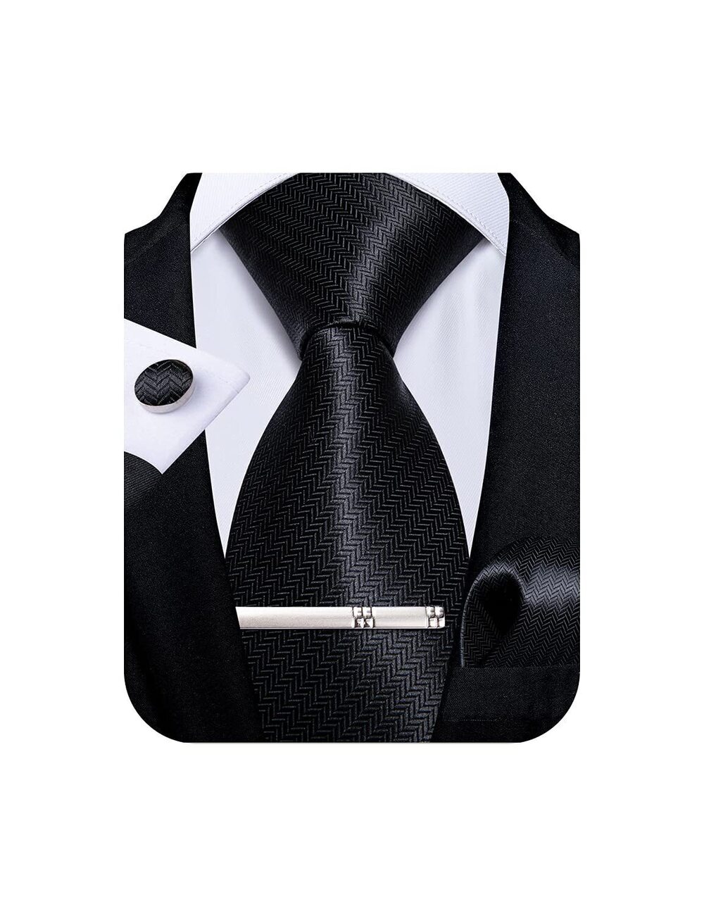 2118 Silk Necktie Solid Color Tie and Pocket Square Cufflink Tie Clip Set